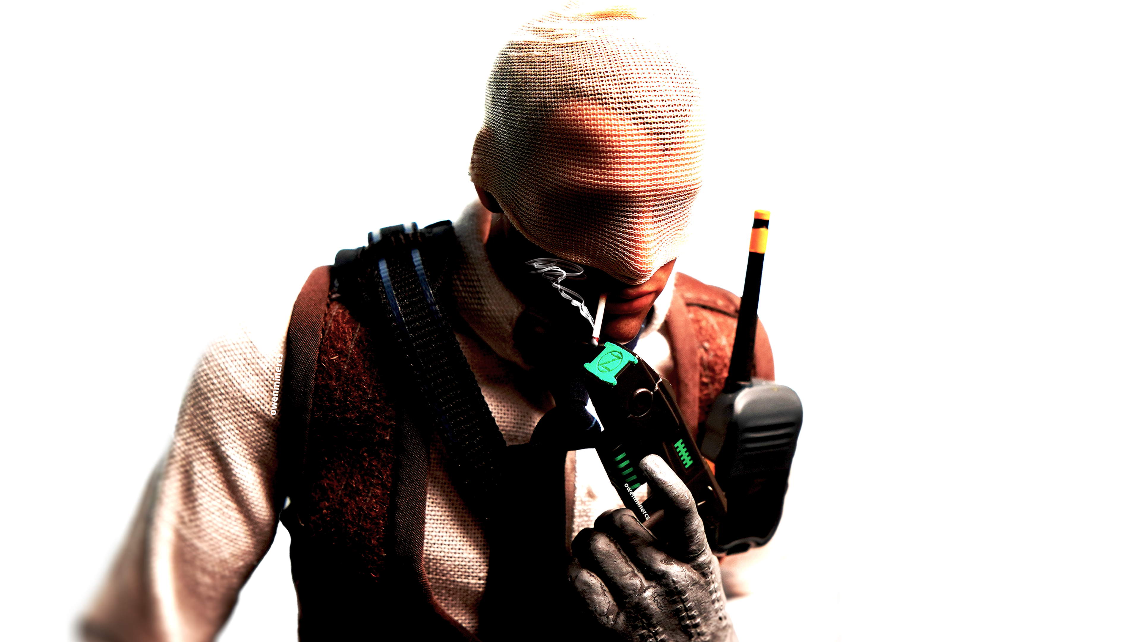 Agent number K figurine using a zues traser to light cigarette white background